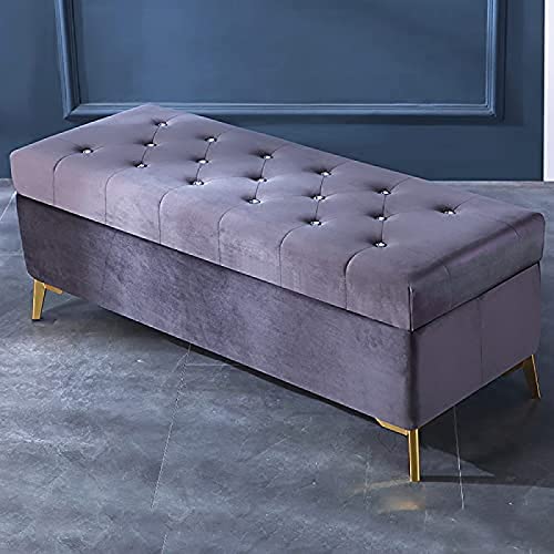 Lujoso banco de almacenamiento tapizado de terciopelo con botón de cristal, moderno extremo de cama, muebles elegantes para decoración de sala de estar, gris oscuro y verde, 100 x 42 x 45 cm, ideal