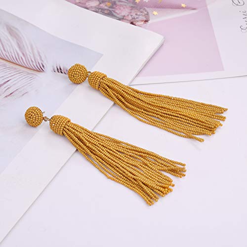 Nicole Miller New York Long Mustard Yellow Tassel Beaded Drop Dangle Stud Earrings #TOP1