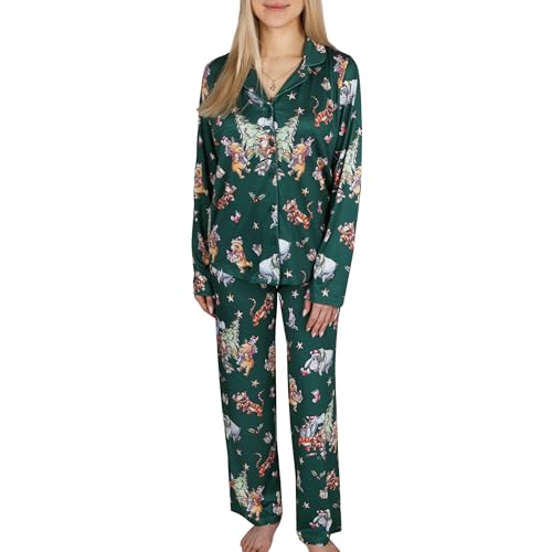 DISNEY Winnie Puuh Grüner langärmeliger Damenpyjama, weites Bein, zum Knöpfen, Geschenk M