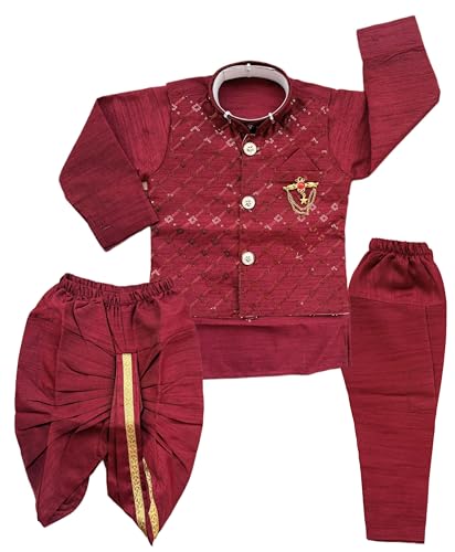 Image of Little Kids Ethnic Wear Kurta Pyjama and Waistcoat Set For Boys | Stylish Ethnic Wear | 3-piece set | Silk and Cotton Blend Fabric