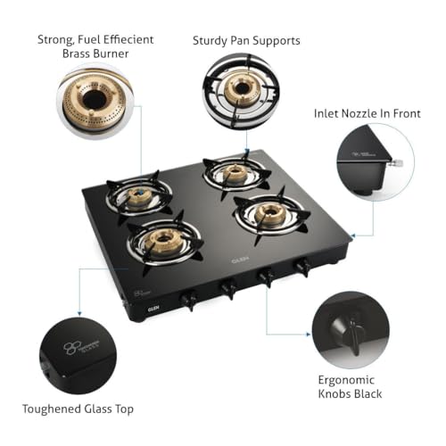 Glen Gas Stove 4 Burner Toughened Glass Top | LPG Gas Stoves Extra Large | 1 Jumbo Brass Burners | Black | Manual Ignition | ISI Certified | 2 Year Warranty On Product | 1040 GT XL HF BB BL