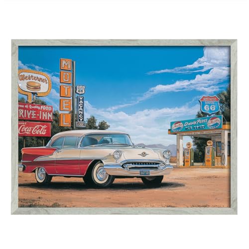Tableau Route 66 jaune memories grand format cadre bois pin délavé 74x59