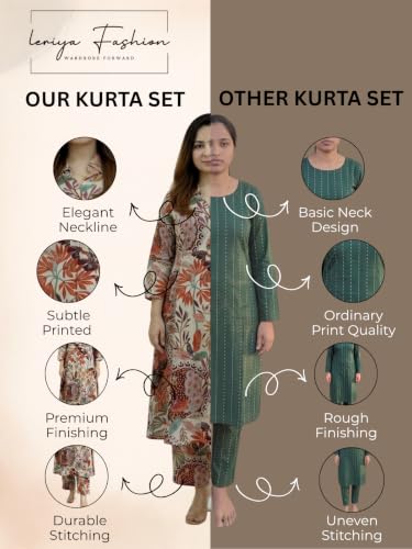 Image of Leriya Fashion Women's Cotton Printed A-Line Kurti Pant Set | Abstract Leaf & Floral Kurta with Trouser Pant | Casual Ethnic Co-ord Set for Women Stylish | Elegant Anarkali Style Tunic Kurta Set