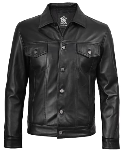 Image of fjackets Real Lambskin Vintage Trucker Leather Jacket Men - Shirt Collar Style Leather Jackets For Mens