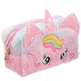 Artibetter Borsa per Cosmetici da Viaggio in Peluche Unicorno Rosa Orecchie, Trousse da Toilette Compatta per Ragazze e Adolescenti, Accessorio Pratico per Organizzare Trucchi e Prodotti