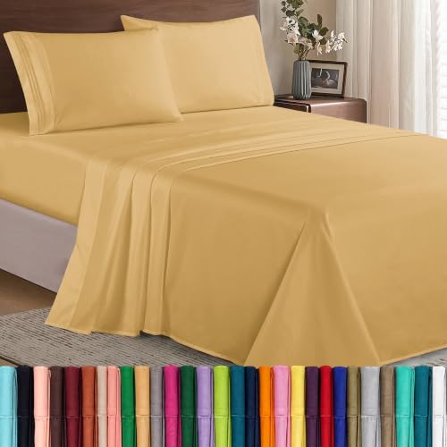 Image of Elegant Comfort Luxury Soft 1500 Premier 4-Piece Premium Hotel Quality Wrinkle Resistant Coziest Bedding Set, All Around Elastic Fitted Sheet, Deep Pocket up to 16inch, Queen, Camel /Gold