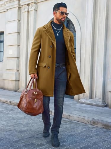 Image of Runcati Mens Trench Coat Double Breasted Notched Collar Fleece Jacket Slim Fit Fall Winter Fuzzy Pea Coats Warm Overcoat