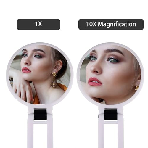 Image of Plastic 1x 15x Magnifying Handheld Square Hand Mirror, Travel Folding Hand Held Mirror, Double Sided Pedestal Magnification and True Image Makeup Mirror for Women with Adjustable Handle, Pink