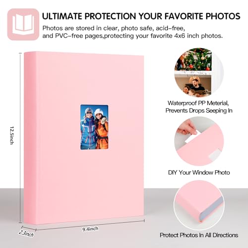 XFveiwoo Photo Album 4x6 450 Photos with Writing Space,4 x 6 Photo Book Linen Cover with Front Window, 4x6 Picture Album 450 Photos Photo Album Book for Wedding Kids Travel Family Baby Pictures, Pink
