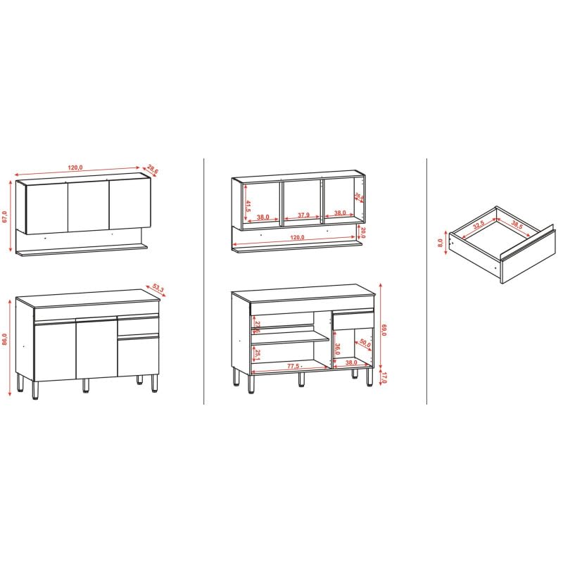 Cuisine Equipée 6 Portes 1 Tiroir Chêne et Blanc 9 NIches L 120 H 200 P 53.3 cm