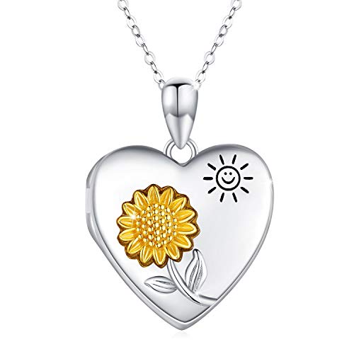 JUSTKIDSTOY Sunflower Locket Necklace You are My Sunshine Necklace 925 Sterling Silver Heart Locket Necklace That Holds Pictures Jewelry Gifts for Women, Wife, Mother