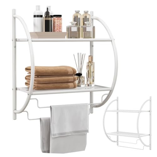 LIFEZEAL Mensola Porta Asciugamani da Muro, Bagno con 2 Ripiani e 2 Aste in Ferro Cromato, Multifunzionale, 45 x 25,5 x 55 cm, Capacità di Peso 14 kg (bianco)