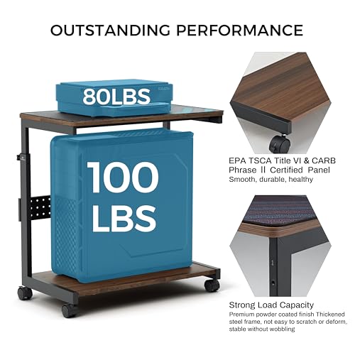 Image of EUREKA ERGONOMIC PC Stand Computer Cart, Height Adjustable Tower Stand 2-Tier Suit for ATX Case Printer, Metal Rolling Cart on Wheels for Gaming Home Office, Walnut