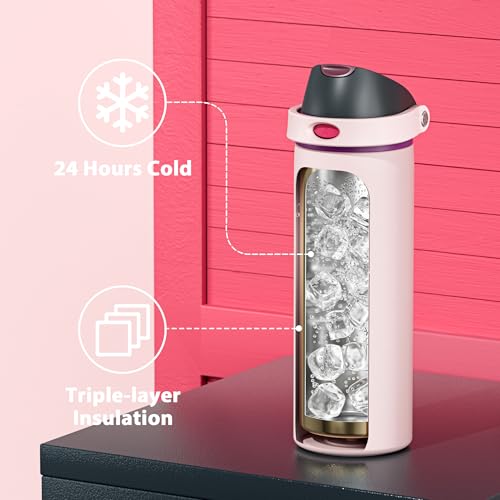 Image of 24 oz Insulated Water Bottle for Sports: Meoky Stainless Steel Water Bottle with Straw and Spout Lid - Leak Proof, Cold for 24 Hours, Fits in Car Cup Holder, BPA-Free for Women Travel, Dreamy Field