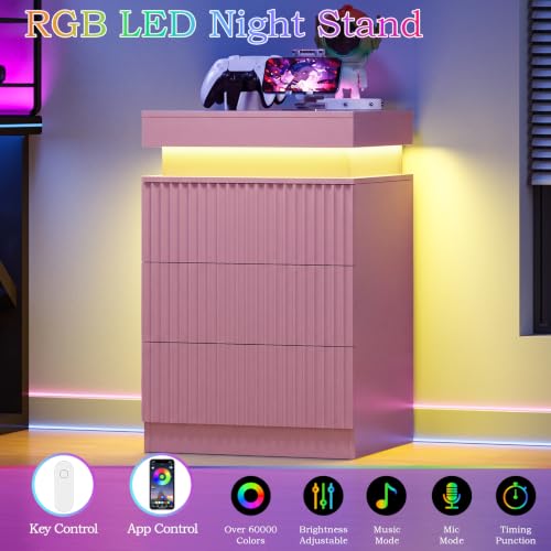 Image of Fluted LED Night Stand with Charging Station, Pink
