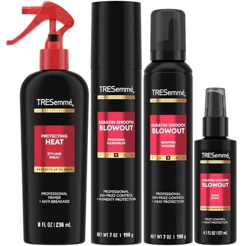 TRESemmé Keratin Smooth Blowout Hair Styling Bundle – Mousse + Finishing, Protecting Heat & Shine Sprays, Frizz Control