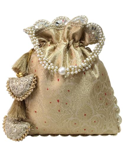 Image of MILAN'S CREATION Pure Banarasi Potli Silk Brocade Bag Purse Drawstring Women's handbag with Pearl Handle & Tassel Weddings