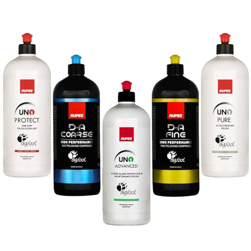 RUPES 5 Pack of High Performance Orbital Polishing Compounds - Includes 1 Liter Bottles of D-A Coarse, D-A Fine, UNO Protect, UNO Pure and Uno Advanced