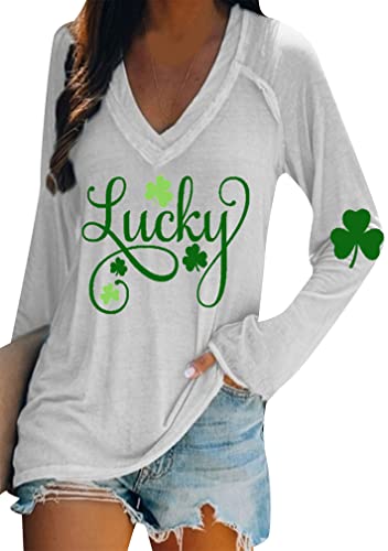 Image of BOFETA Women St Patricks Day Sweatshirts Loose Long Sleeve Shirts Green Shamrock Print Blouse Flowy Color Block Pullover Tops
