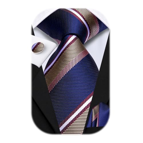 Image of Hi-Tie 70 inches Ties for Men Silk Extra Long Necktie and Pocket Square Cufflinks Set Men Big and Tall Tie Business