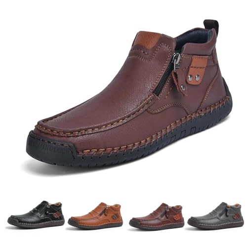Men's Leather Handmade Platform Shoes Ankle Chukka Boots Fashion Round Toe Side Zipper Mid Top Slip On Loafers forDriving Hiking