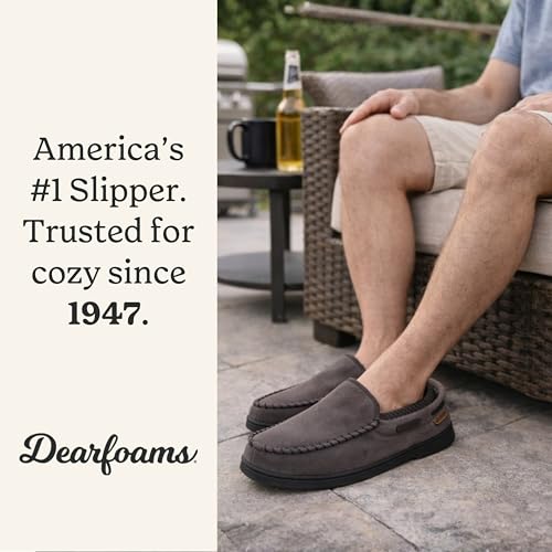 Image of Dearfoams Men's Keaton Moccasin House Shoes With Memory Foam, Indoor Slippers With Wide Widths