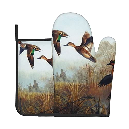 Ensembles de Gants de Four et de maniques imprimés Flying Wild de Chasse, lavables et résistants à la Chaleur Gants de Four antidérapants pour Micro-Ondes, Barbecue, Cuisson, grillades