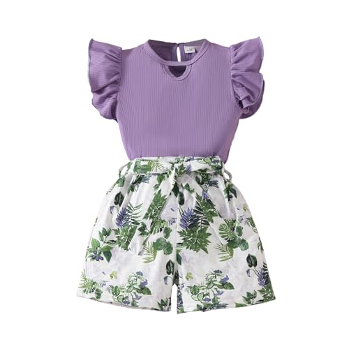 Image of Axumity Toddler Girl Clothes Outfits Tropical Print Short Sleeve Top + Belted Floral Shorts 2PC Summer Clothing Set(5-6T)