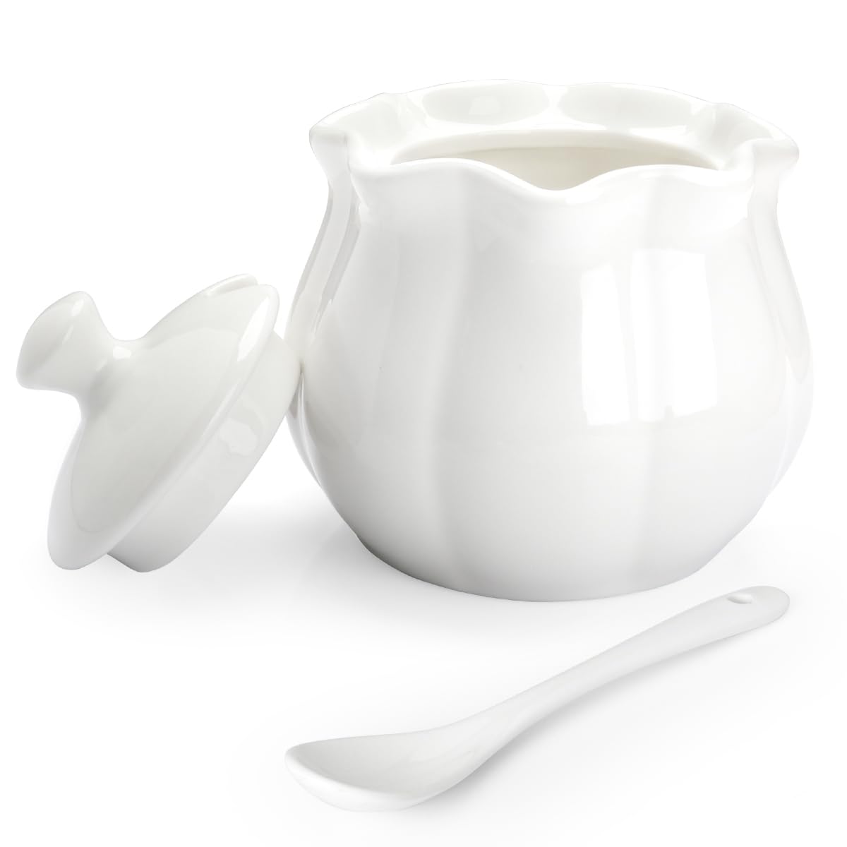 Cyimi Sugar Bowl White Sugar Jar, Ceramic Porcelain Sugar Pot with lid and Spoon, Salt Container for Coffee Bar, Lotus-Shaped Seasoning Conditment for Home Kitchen, 9 oz/ 255 ml