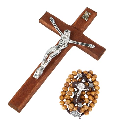 Crucifix Wall Cross, Handmade Catholic Crosses with Wooden Rosary, Wood Crucifix for Wall, Jesus Christian Wall Hanging Cross Gift for Famliy-6 Inch