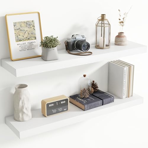 Image of 40 Inch Floating Shelves for Wall, 8 Inch Deep Floating Shelf for Storage & Display, Rustic Wall Mounted Shelf with Invisible Brackets for Living Room, Kitchen, Bathroom, Home Decor, Set of 2, White