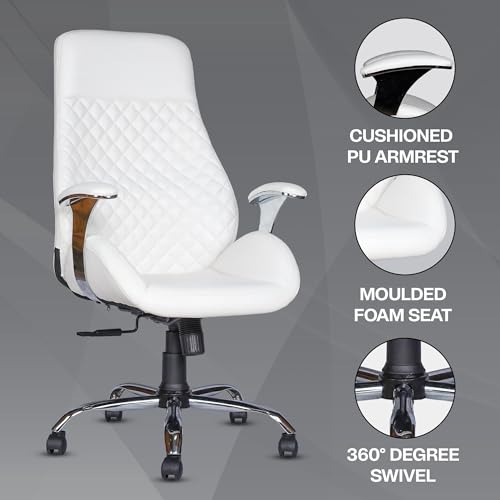 Image of MRC Atlantic Executive Leatherette Office King Size High Back Boss Maharaja Revolving Chair with 3 Year Warranry,Cushioned Lumbar Support,Multi Lock Mechanism & Chrome Base (Pre Assembled) (White)