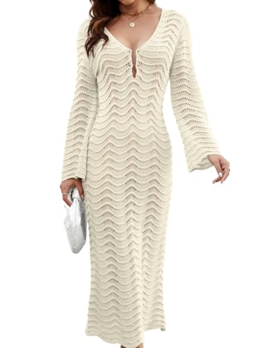 Women's 3D Wave Crochet Beach Cover-up, Heavyweight Dress with Elegant Drape, Bell Sleeve Deep-V Backless