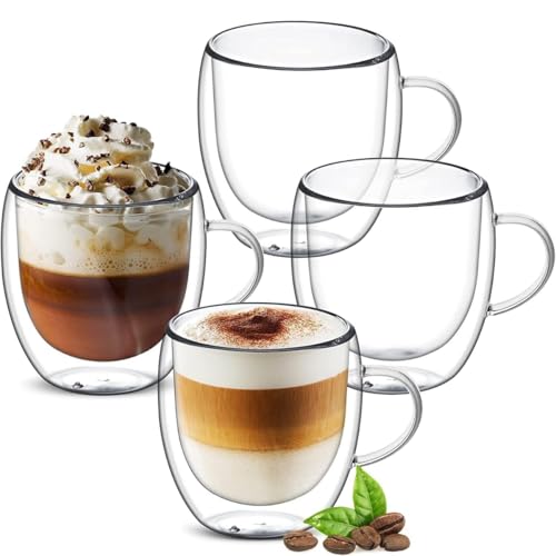 4 x Caneca de Café de Vidro Transparente Isolada de Parede Dupla com Alça 250 ml para Café Expresso Latte