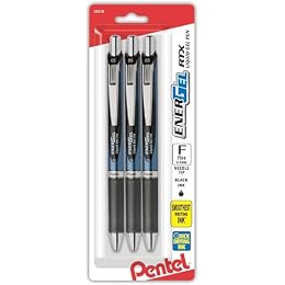 Pentel EnerGel RTX Retractable Liquid Gel Pen, (0.5mm), Fine Line, Needle Tip, Black Ink, Pack of 3 (BLN75BP3A)
