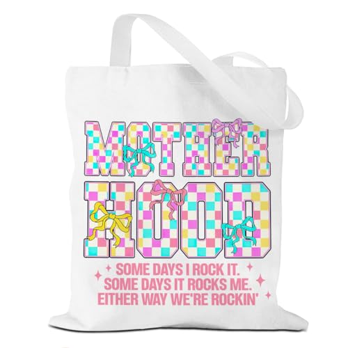 Motherhood Checkered Bow Tote Bag, Canvas Tote Bag, Mother's Day Coquette Funny Mom Gifts for Women, Mom Mama Mommy, Religious Canvas Shoulder Bags for Grocery, Work Shopping Beach Christmas Birthday