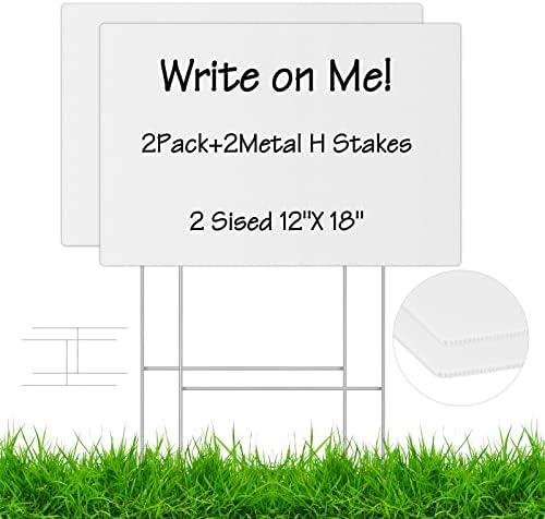 ANZEKE Blank Yard Signs with H- Metal Stakes, 2 Pack 18 x 12Inches White Corrugated Plastic Yard Lawn Sign for Party Decorations, Estate,Garage Sale Signs, Rent, Guidepost Decorations,Open House