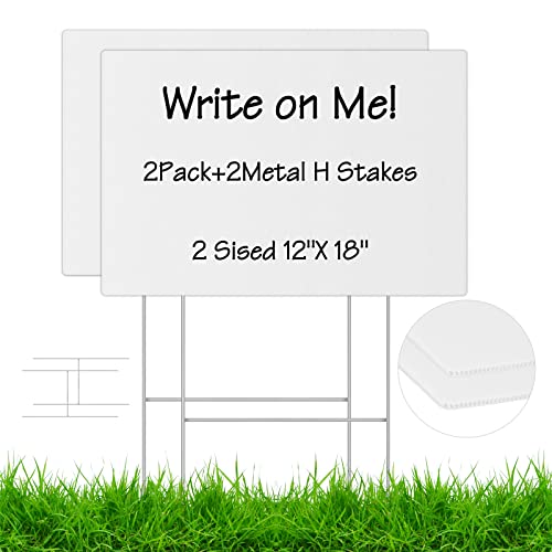 Anzeke Blank Yard Signs With H- Metal Stakes, 2 Pack 18 X 12Inches White Corrugated Plastic Yard Lawn Sign For Party Decorations, Estate,Garage Sale Signs, Rent, Guidepost Decorations,Open House #TOP2