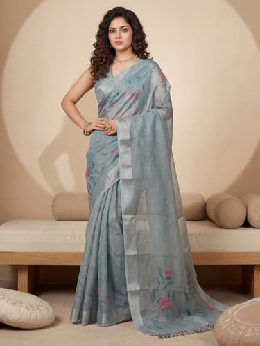 Image of AKHILAM Women's Floral Printed Handloom Cotton Silk Saree with Zari Border and Tassel Pallu Unstitched Blouse Piece | Traditional Ethnic Wear Sarees | Women saree silk | Festive Sari Women's