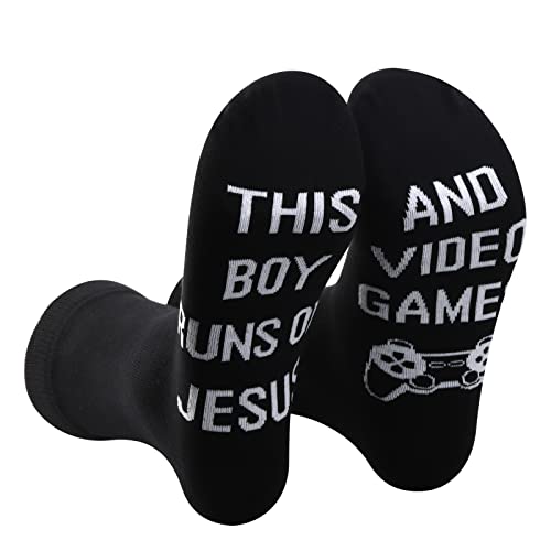 PXTIDY 2 Pairs Video Game Socks Religious Boys Games Lover Socks Funny Gamer Gifts This Boy Runs On Jesus And Video Games