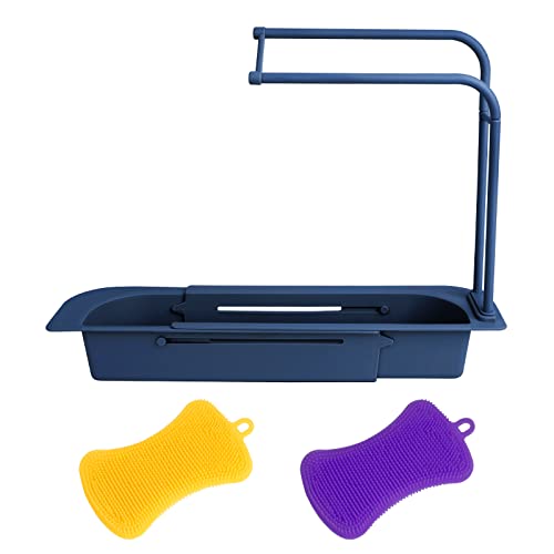 Porte eponge evier cuisine porte éponge télescopique 2 en 1 Support D'évier Télescopique Étagère télescopique pour lavabo avec 2 éponges, Égouttoirs Évier Organisateur pour évier de cuisine - Bleu
