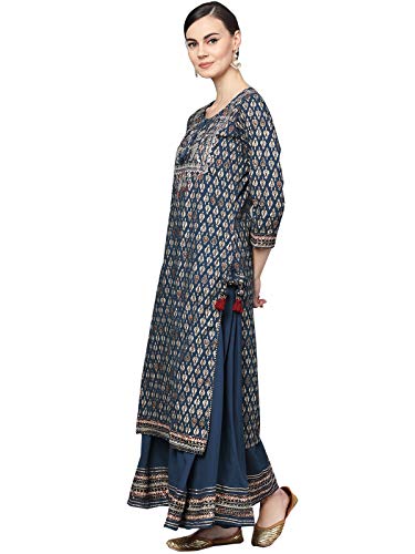 Image of ishin Women's Rayon Black Embellished A-Line Kurta Palazzo Set