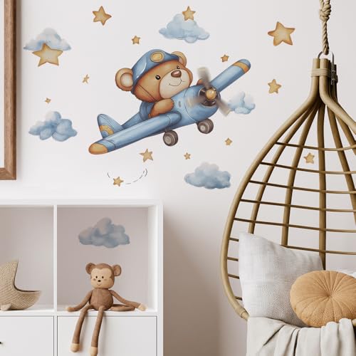 Image of Cute Bear Pilot Airplane Wall Stickers for Kids Nursery - Removable Peel and Stick Decals with Stars and Clouds - Watercolor Vinyl Decor for Baby Room Bedroom - Safe Non-Toxic Gift