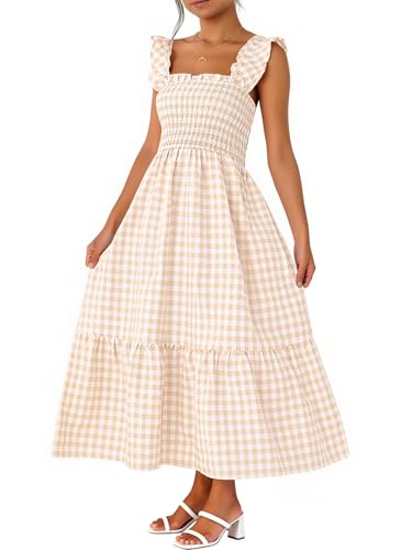 Caracilia Womens Summer Casual Maxi Dress Ruffle Spaghetti Strap Gingham Smocked Long Dresses 2026 Spring Vacation Sundress Light Khaki White Plaid Medium