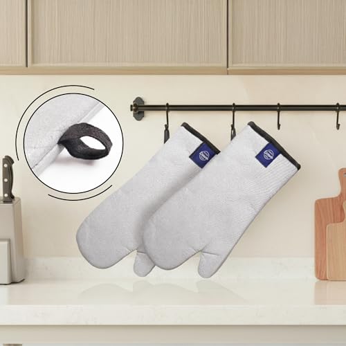 Image of Encasa XO Extra Long 18x30 cm Oven Microwave Gloves Mitts (2 pcs) for Kitchen Cooking - Silicon Silver Heat Resistant - Thick & Safe, Protection of Hands from Hot Utensils, Gas Flame, Grill, Barbecue