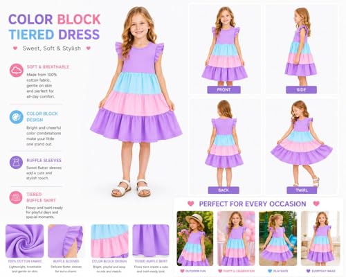 Image of HILEELANG Girls Cotton Tiered Dress Flutter Ruffle Sleeve Summer Swing Sundress Birthday Party Casual Outfit Colorblock 2-12Y
