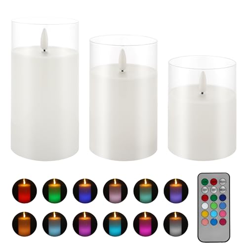 Image of Color Changing Flameless Candles Remote Timer Party Decor Set of 3 | Multicolor Light, White Glass, Real Wax, Steady LED Flame, 18 Key Remote, Timer, 3 Sizes, Set Of 3