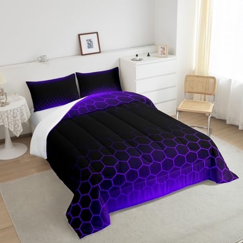 Image of Purple Black Ombre Honeycomb Comforter Set Queen Size, Abstract Hexagonal Bedding Set for Kids Geometrics Honeycomb Comforter Beehive Hexagon Duvet Set Durable Bed Set 3Pcs