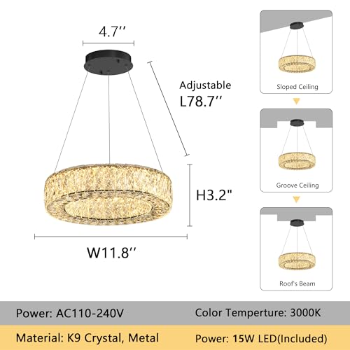 YLKP Modern Chandelier for Dining Room Dimmable LED Pendant Lights for Kitchen Island Lighting Black Ring Crystal Chandeliers for Bedroom Entrance Living Room by YLKP - Image 3