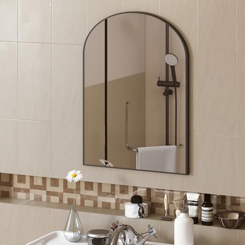 Image of DUMOS Black Metal Arch Vanity Rounded Rectangle Bathroom Mirrors for Over Sink Wall, 21x30 Inch Large Matte Mirror, Modern Decorative for Restroom, Farmhouse